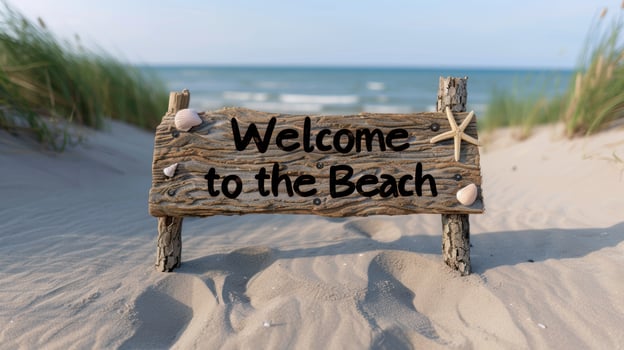Welcoming beach sign on sandy shore photo