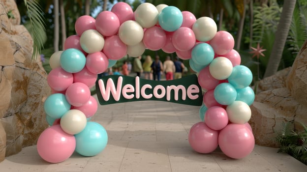 colorful balloon arch with welcome sign photo
