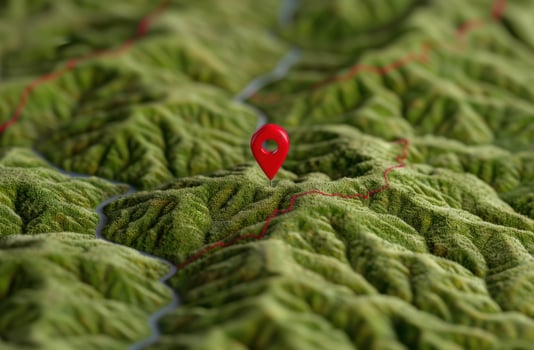 red location pin on lush green moss photo