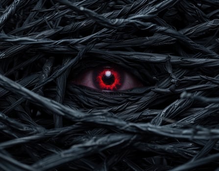 Sinister eye peering through dark feathers photo