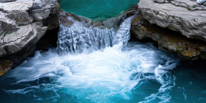 Flowing waterfall in rocky landscape photo