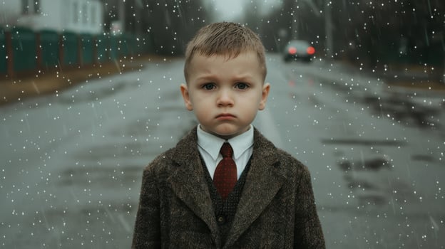 Serious young boy in winter coat and tie standing in snowy street photo