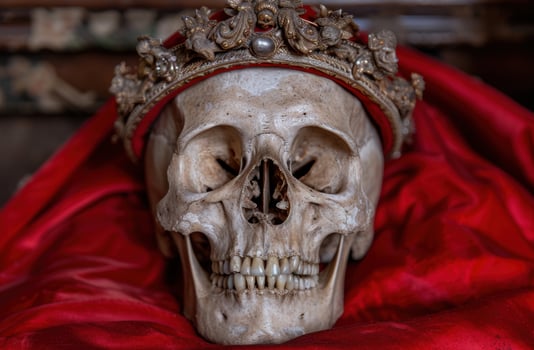 Ornate skull with crown on red velvet photo