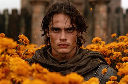 Pensive young man surrounded by autumn flowers photo