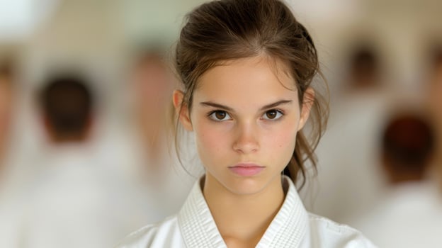 Serious young woman in white karate uniform photo