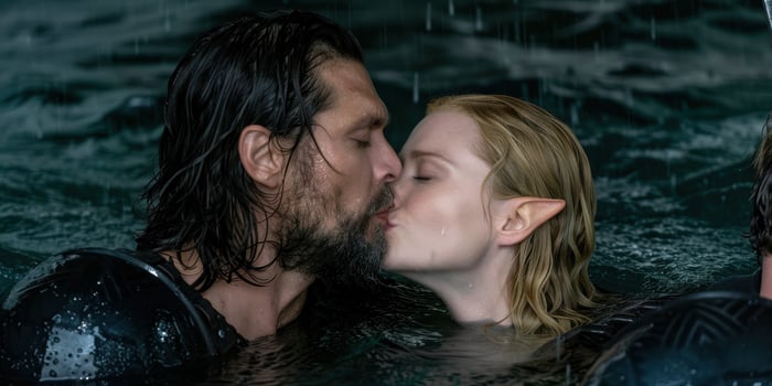 romantic couple kissing in the rain photo