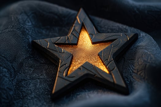 Glittering golden star on dark fabric photo