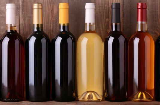Assortment of wine bottles on wooden background photo
