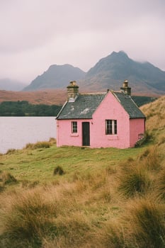 A quaint pink cottage by the serene lake surrounded by mountains in a misty landscape photo