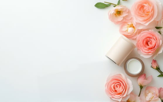 Delicate pink roses and cosmetic cream jar arranged on a white background for skincare display photo