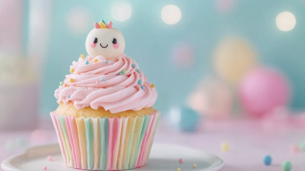 Colorful cupcake with pink frosting and decorative figure on a pastel background photo