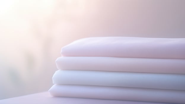 Neatly folded white sheets on a soft pink background photo