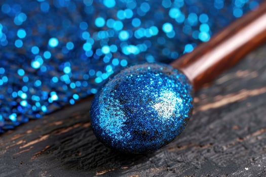 Sparkling blue christmas ornament on wooden background photo