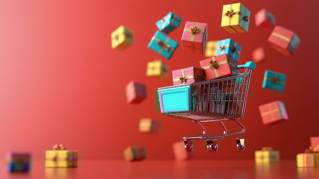 Colorful gift boxes tumble from a cart on a red background for holiday shopping photo