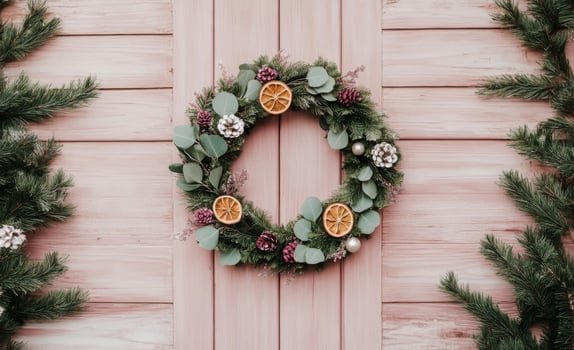 Young woman smiling while holding festive greenery with pinecones and dried orange slices indoors photo