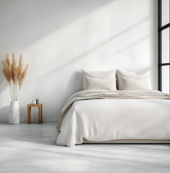 Cozy minimalist bedroom with natural light and neutral tones in a modern apartment photo