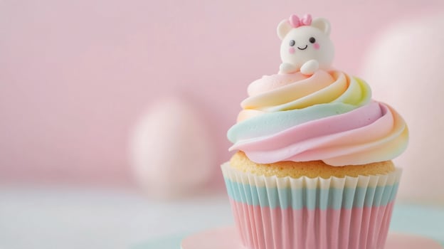 Colorful cupcake with pink frosting and decorative figure on a pastel background photo