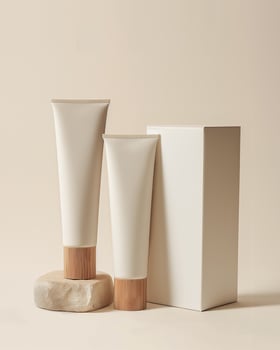Two white hand cream tubes with wooden lids and packaging box on light beige background photo