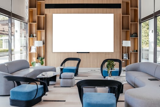 Modern Office Room Interior. Stylish Apartment. TV Screen, Sunlight, Windows and Curtains. Wide Angle. Free copy space for advertising photo