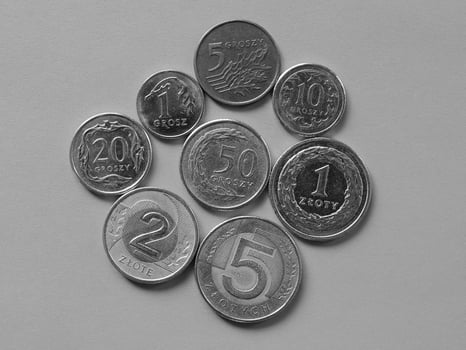 Polish Zloty coins, Poland in black and white photo