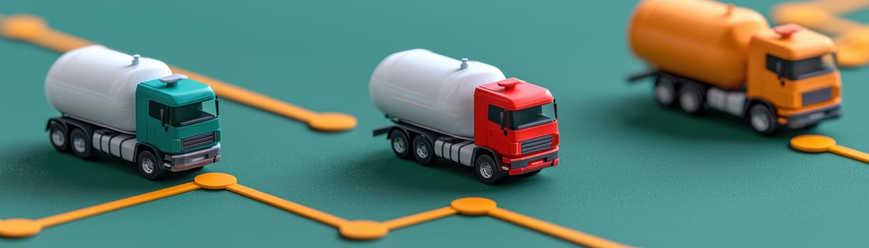 Colorful toy trucks on a green surface, showcasing logistics and transportation concept. photo