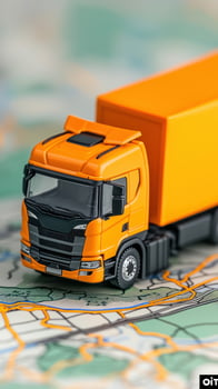 A detailed model of an orange delivery truck on a map, symbolizing logistics and travel. photo
