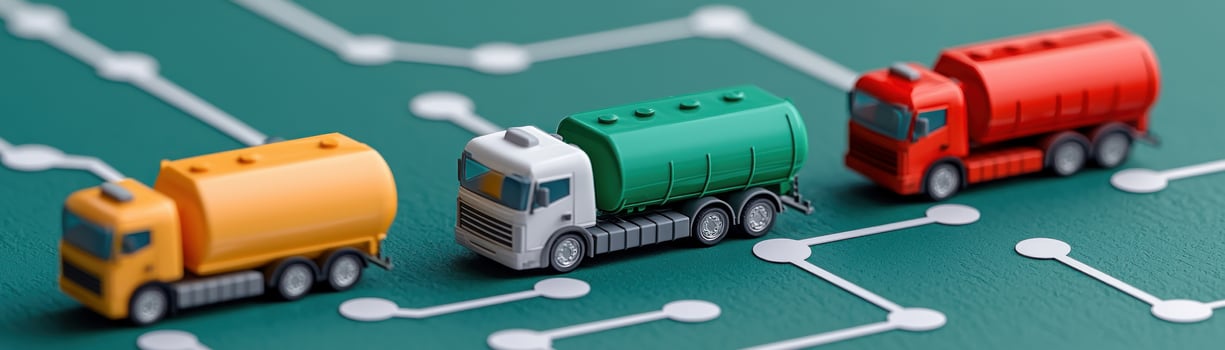 Colorful toy trucks on a green circuit board background for transport themes. photo