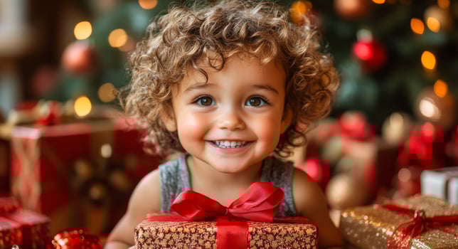 A young girl is sitting on the floor with a red ribbon around her neck and a box in front of her. She is smiling and she is excited about the gift photo