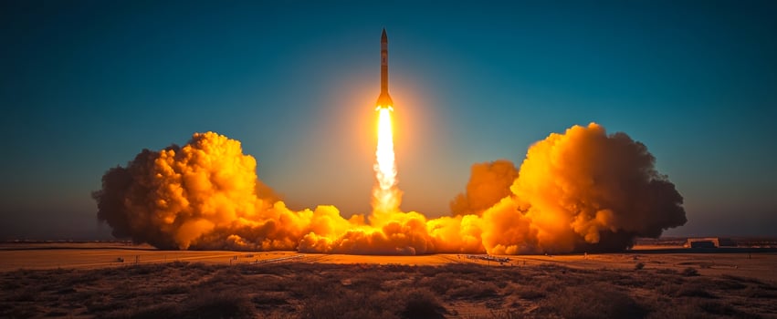 A rocket is launching into the sky, leaving a trail of smoke and fire behind it. The scene is filled with a sense of excitement and wonder as the rocket soars higher and higher into the atmosphere photo