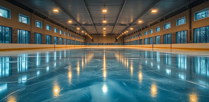 A large indoor ice rink with lights shining on the ice. The lights are on and the ice is very shiny photo