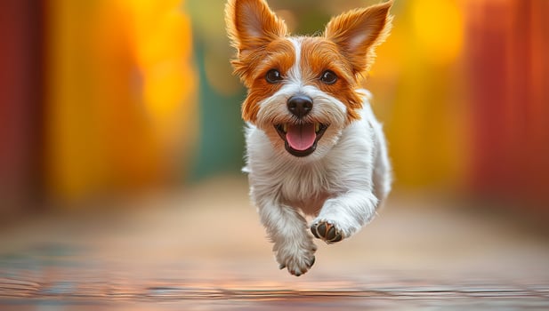A dog is running and smiling. The dog is white and brown photo
