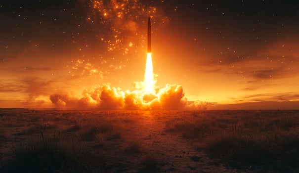 Rocket lifts off at sunset over desert. A rocket ascends into the fiery sunset sky, leaving a trail of smoke across a vast desert landscape. photo