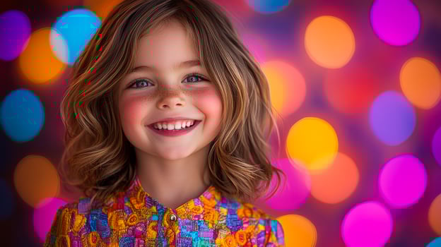Joyful girl smiles by colorful backdrop. A cheerful young girl with curly hair smiles brightly, surrounded by vibrant, colorful lights in a festive setting. photo