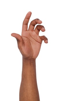 Black hand with virtual smartphone isolated on white background. African american man holding card, phone or other, void photo