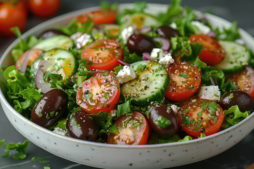 Fresh Salad with Tomatoes, Cucumbers, Olives, and Feta Cheese photo
