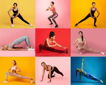 A group of women engages in different workout routines, showcasing flexibility and strength. The vibrant backgrounds enhance the energetic atmosphere of the fitness session. photo
