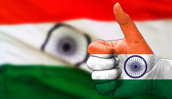 thumbs up in approval with the Indian flag painted, photo