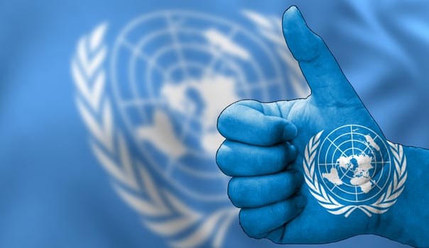 thumbs up in approval with the United Nations flag painted photo
