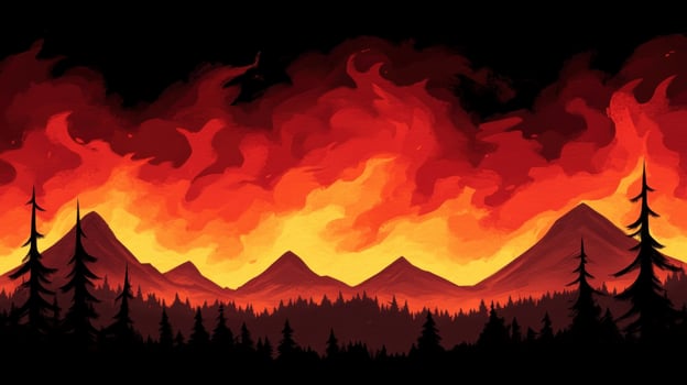 A fiery sunset over mountains, illustrating the beauty and danger of nature's power. photo