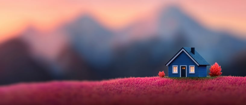A serene landscape featuring a blue house nestled in vibrant pink grass at sunset. photo
