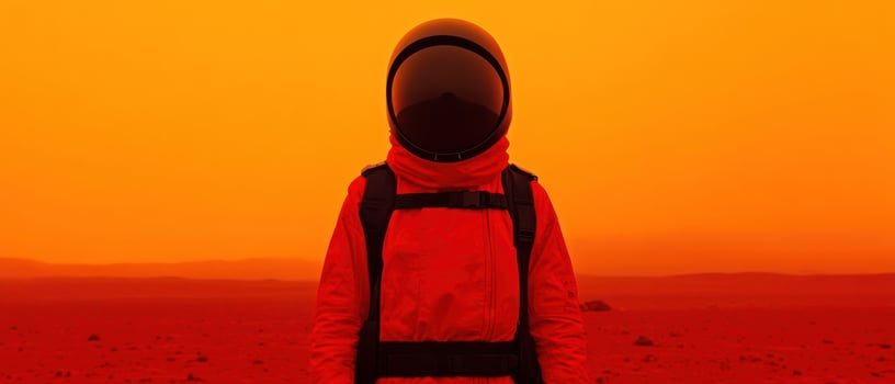 Astronaut exploring a vibrant alien landscape under a red sky on another planet. photo
