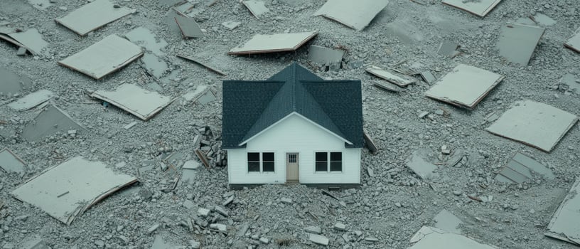 A lone white house stands amidst scattered debris, symbolizing resilience in chaos. photo