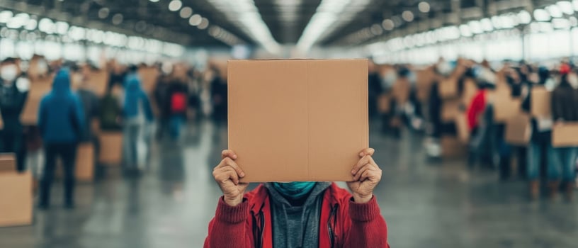 A person holding a box in a busy warehouse full of people and packages. photo