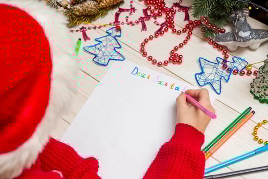 Little boy in Santa hat writes letter to Santa Claus photo