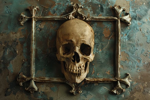 A skull is hanging on a wall in a frame photo
