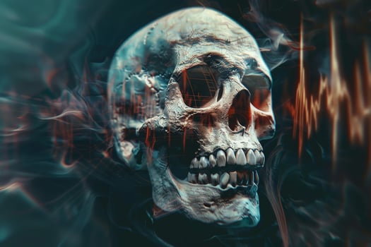 A skull with smoke and fire surrounding it photo