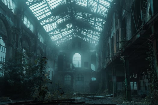 A dark, abandoned building with a large window and a tree growing out of it photo