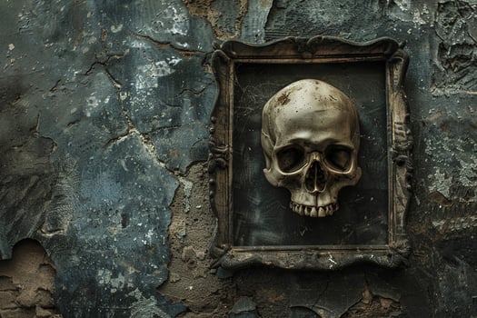 A skull is hanging on a wall in a frame photo