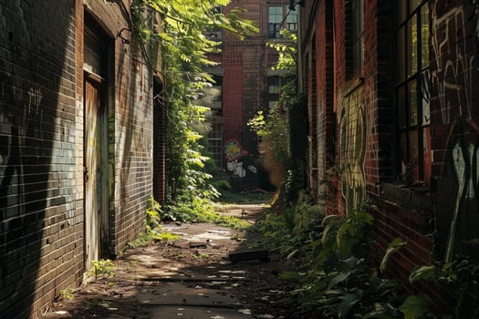 An alleyway with graffiti on the walls and a door photo