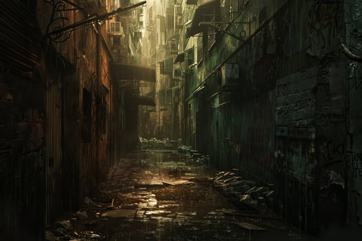 A dark alley with a lot of trash and graffiti photo